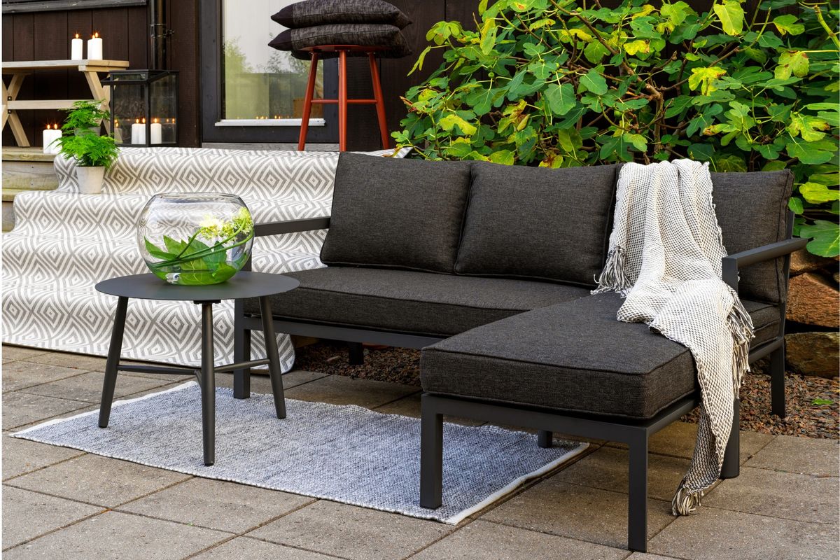 Delia sjeselongsofa+bord Ø60 cm - antrasittgrå/sortmelert